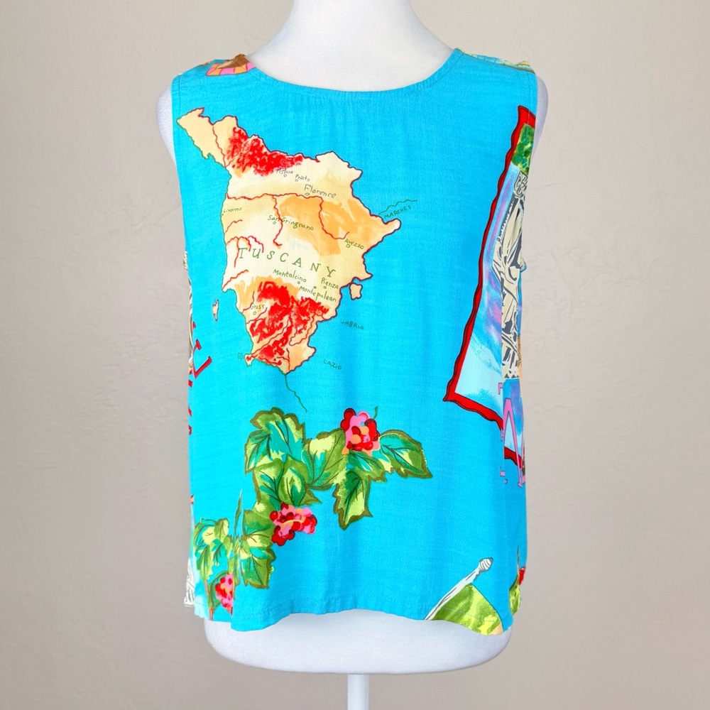 Vintage David Dart Collection Italy Post Card Print Turquoise Sleeveless Top M